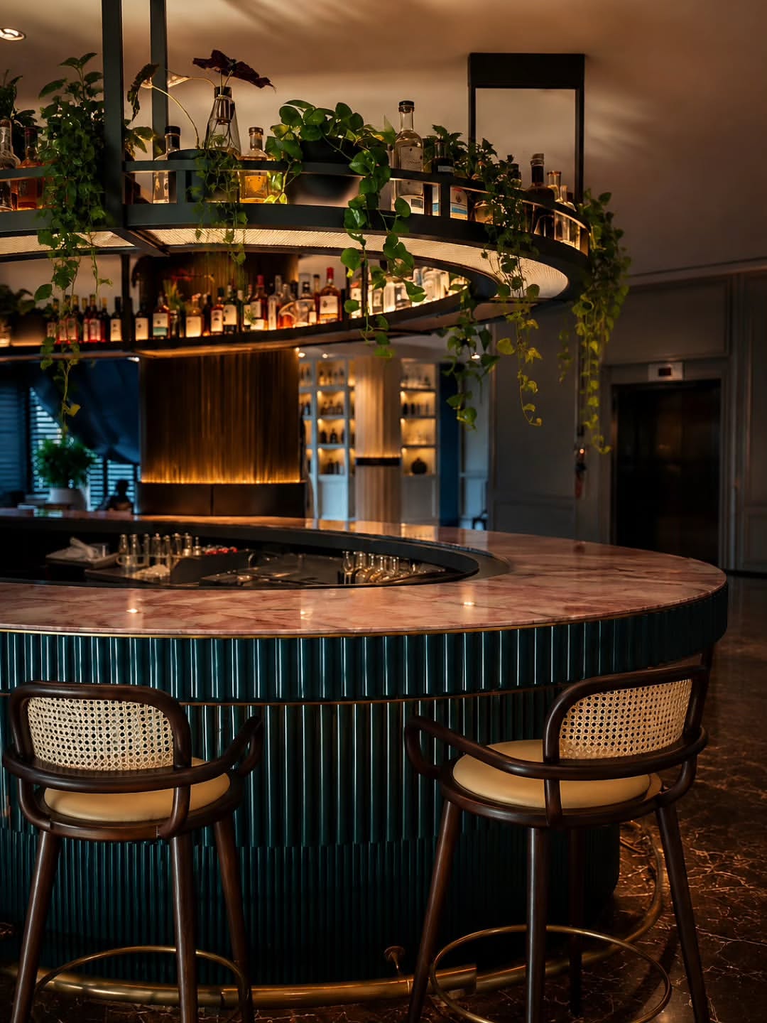 A relaxed yet refined gathering space at the Mondrian South Beach, where natural rattan details, Ita