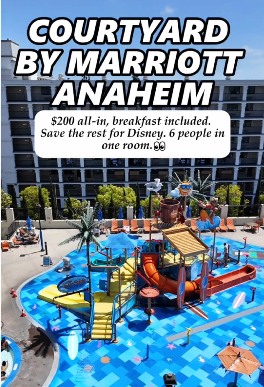 Water park, 2 pools, outdoor movie wall, fireworks views, free breakfast, 5 restaurants — $232. Anah