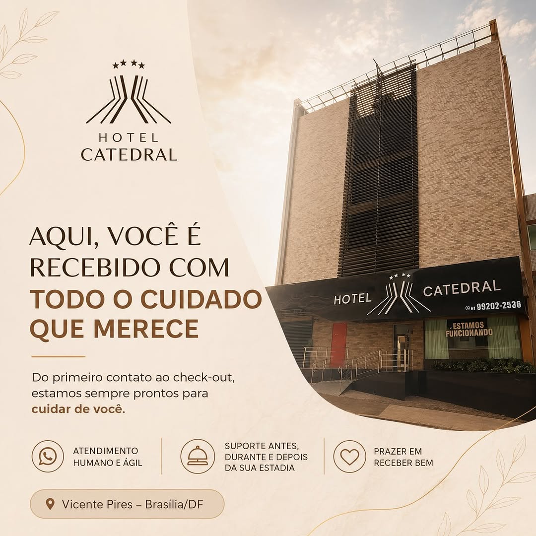 Aqui, cada detalhe é pensado para que você se sinta bem recebido e cuidado. ✨

No Hotel Catedral, vo