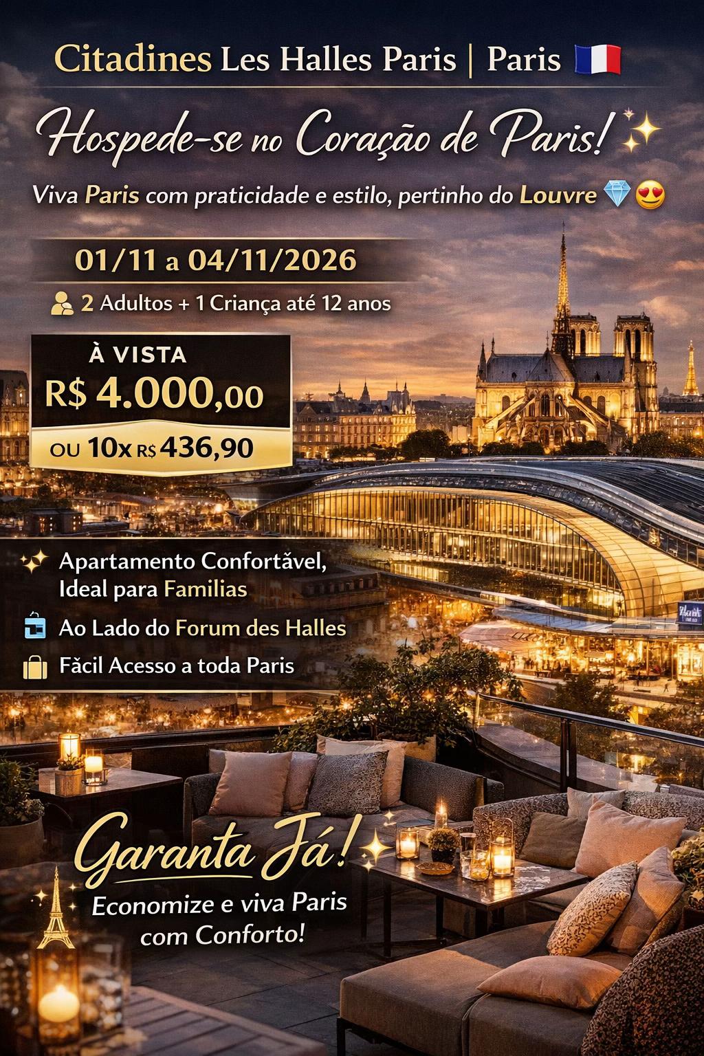 🗓️ 01/11 a 04/11/2026
👨‍👩‍👧 2 adultos + 1 criança de até 12 anos

💰 À vista: R$ 4.000,00
💳 Ou 