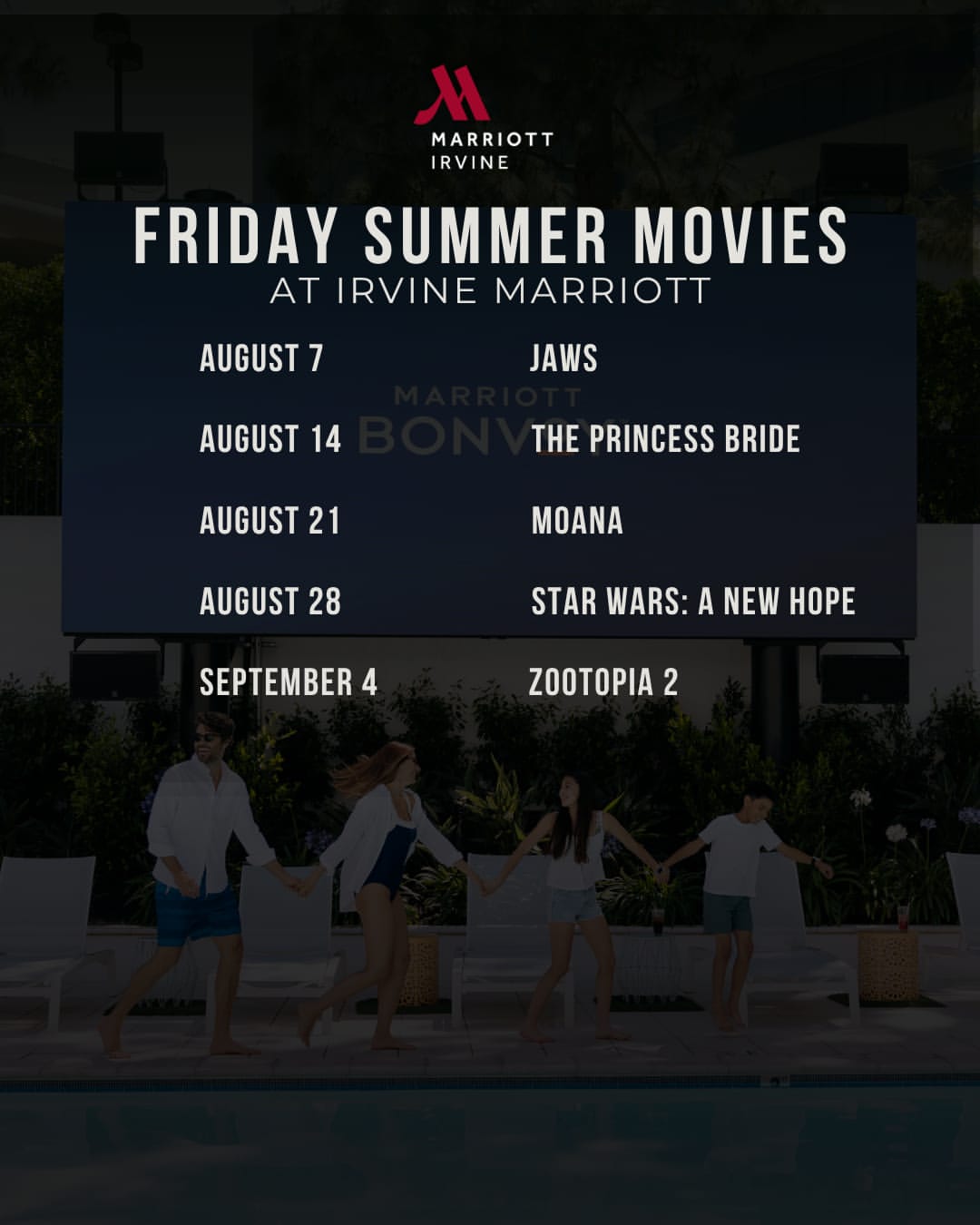 Fridays just leveled up. Poolside movie nights run every Friday this summer through Labor Day weeken