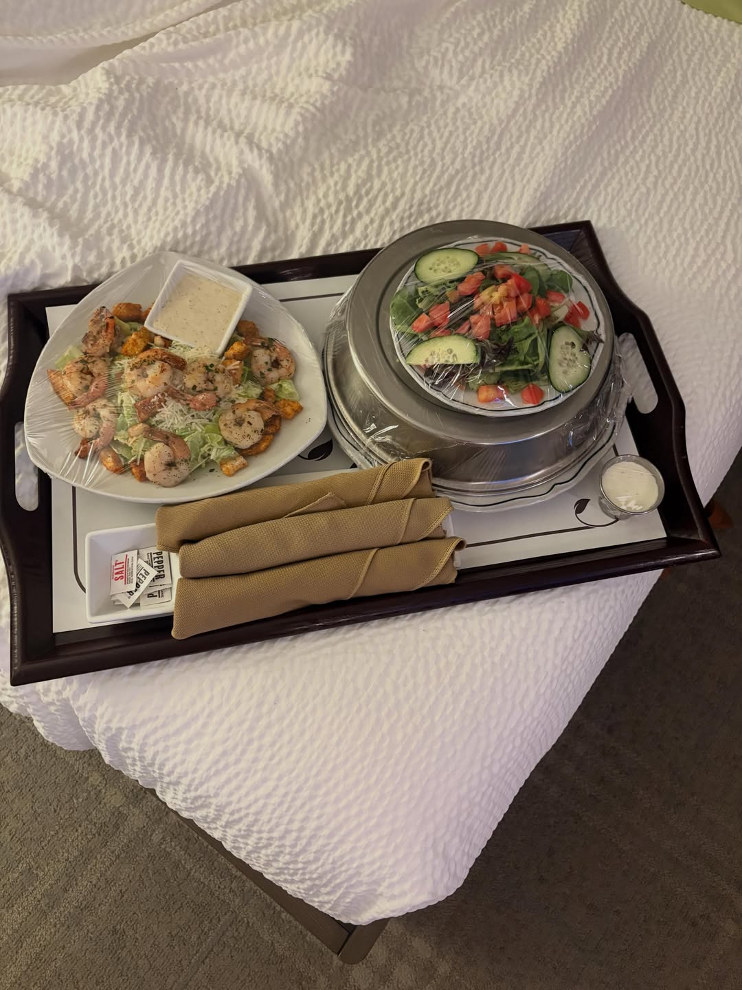 Room service… life is good 
Enjoyed Caesar salad with shrimp
Along with black Alaskan salmon paired 