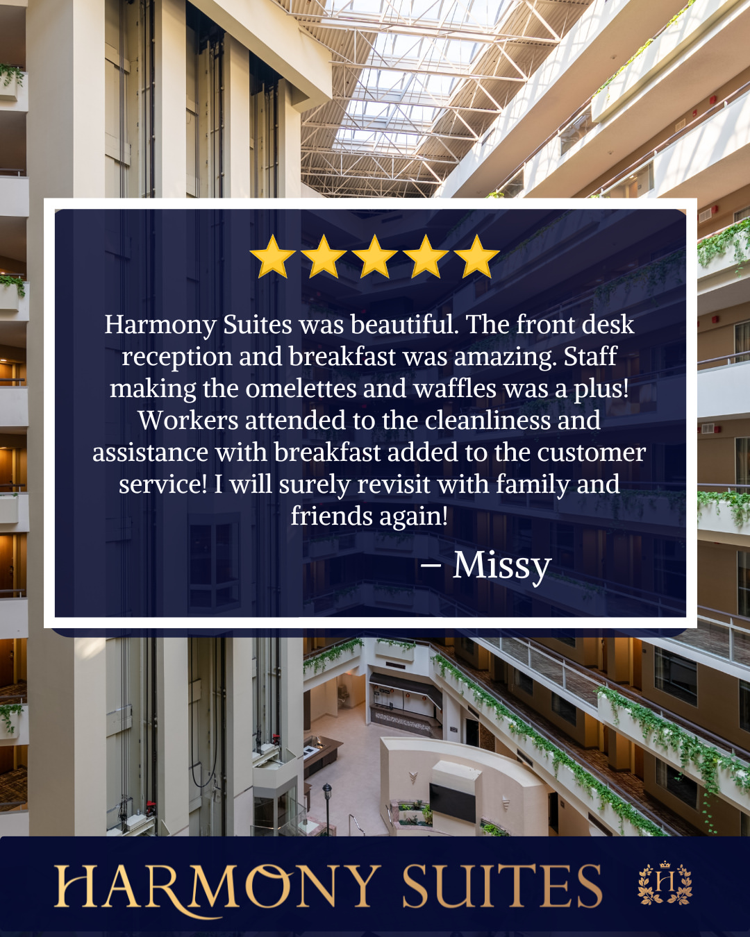 ⭐⭐⭐⭐⭐ "Harmony Suites was beautiful. The front desk reception and breakfast was amazing!" — Missy⁠
⁠