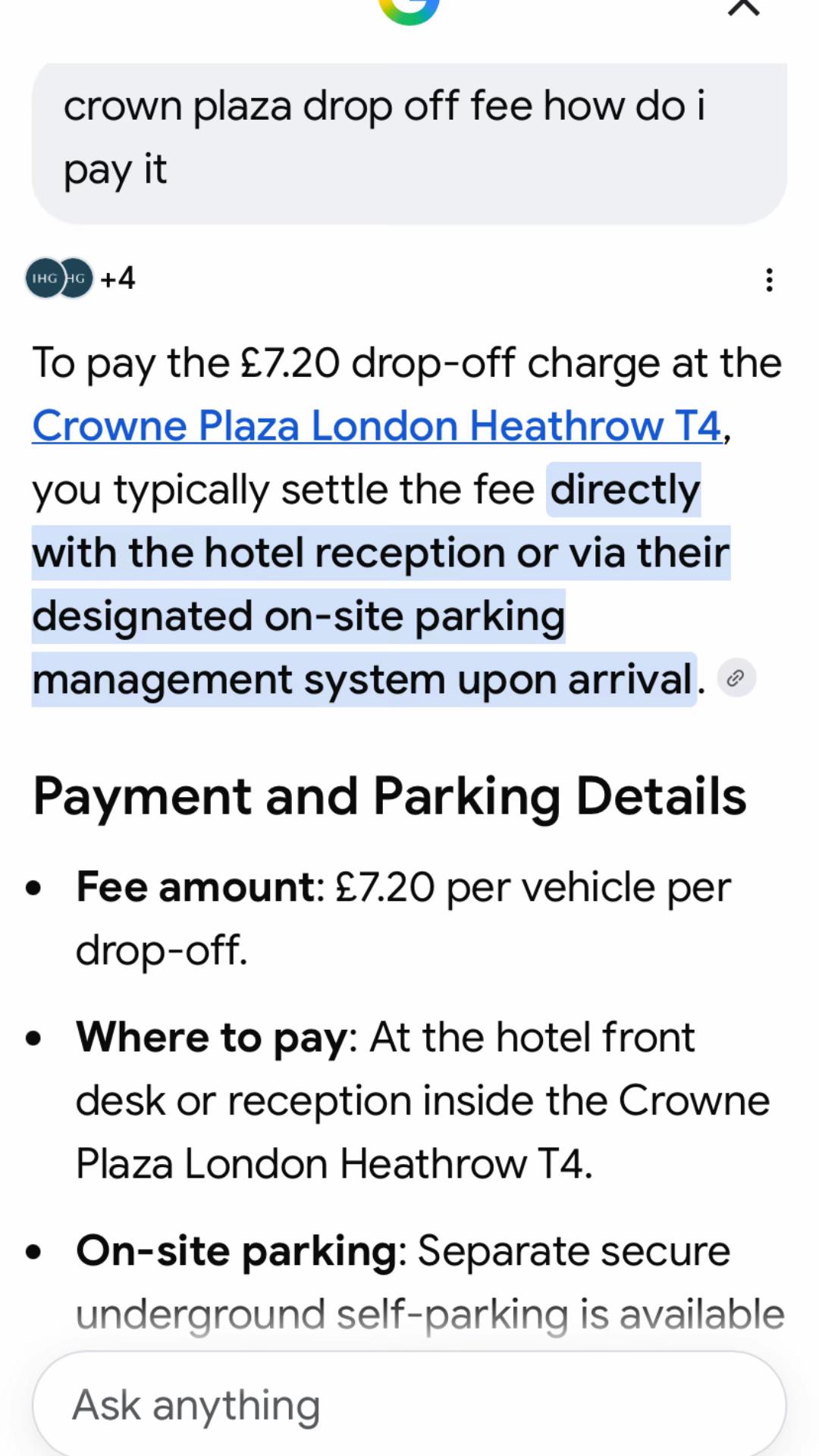 There is a fee to pay when you drop off anyone at the hotel crown plaza or any hotels check them bec