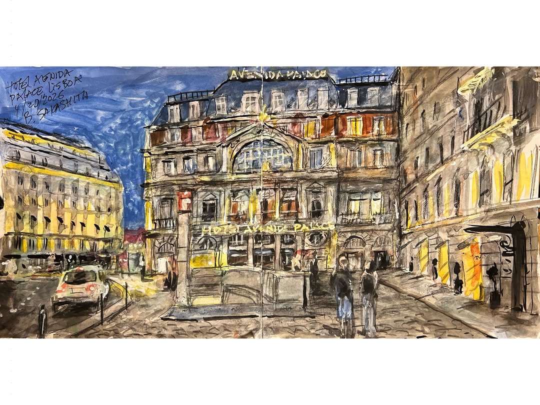 Night fell on Hotel Avenida Palace, Lisboa, Portugal. Gouache on 8x8x2 Stillman & Birn Beta sketchbo